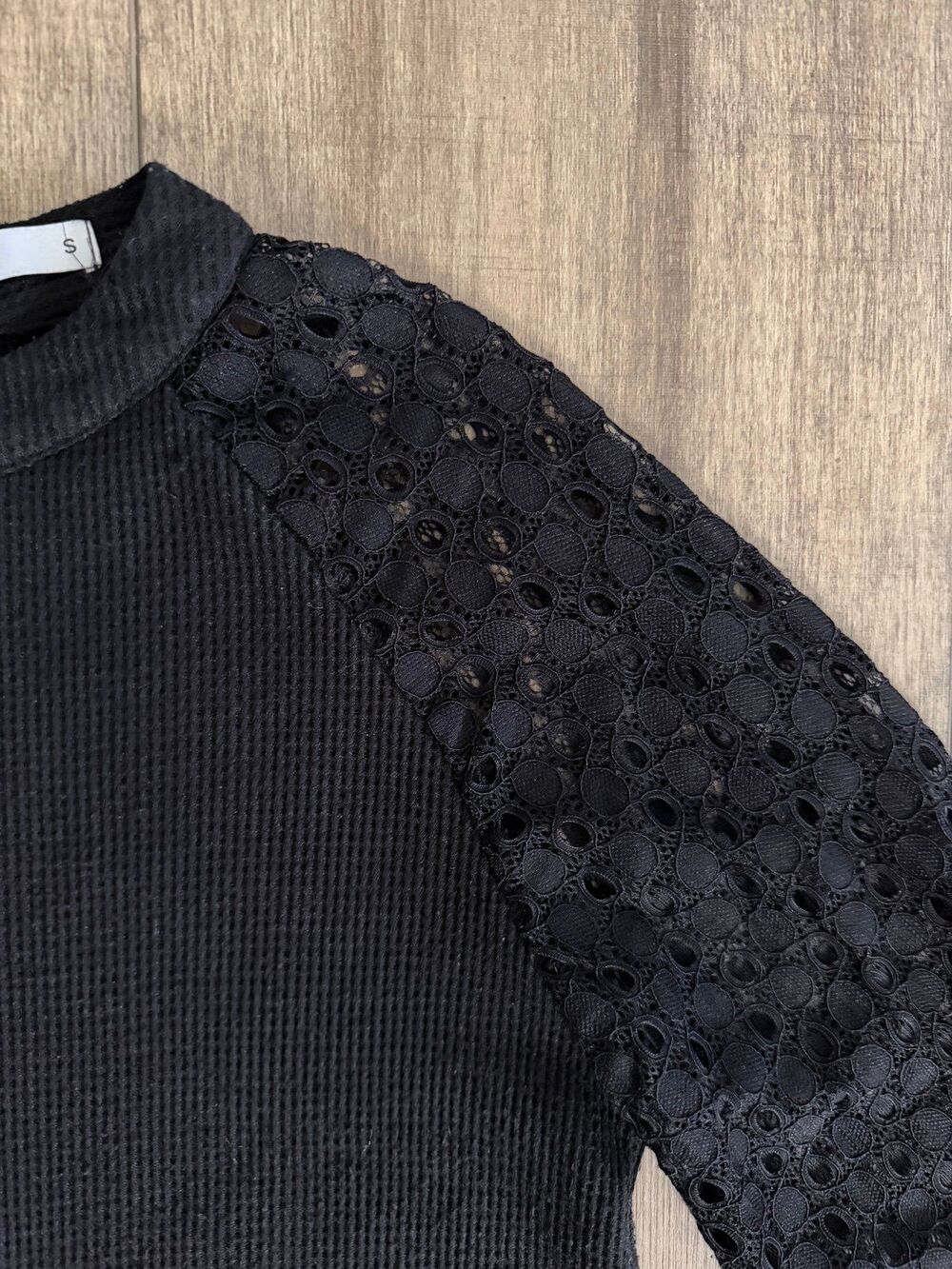Ribbed Knit Top with Sheer Lace Long Sleeves - Size Small